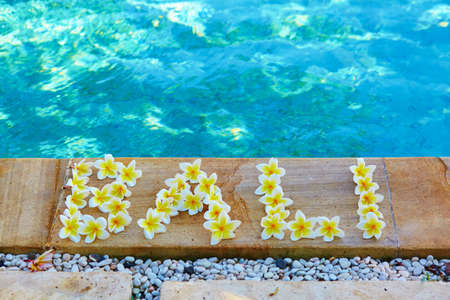 Word Bali written with frangipani flowers near the poolの写真素材