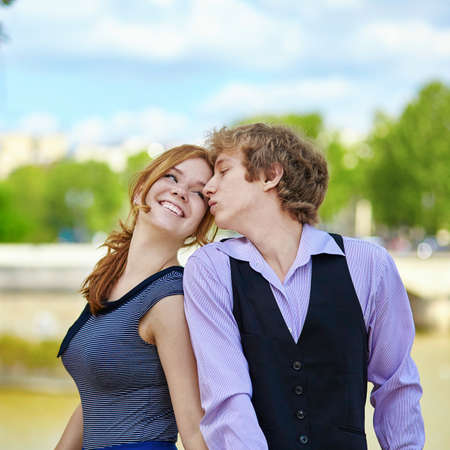 Dating couple enjoying warm sunny day in Parisの写真素材