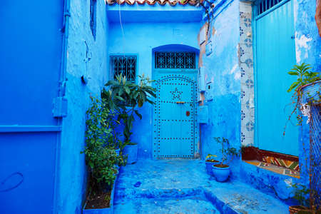 Street in Medina of Chefchaouen, Morocco, small town in northwest Morocco known for its blue buildingsの写真素材