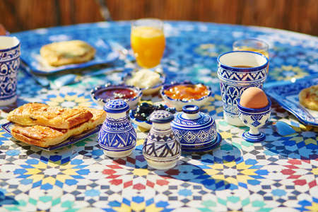 Delicious breakfast in Moroccan style served in riad (traditional Moroccan hotel)の写真素材