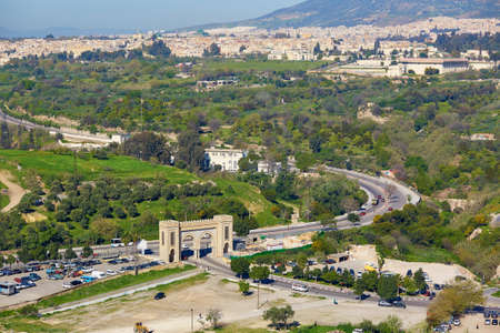 Aerial view of gates Bab Jdid in Fes, Moroccoの写真素材