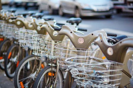 Row of city bikes for rent in Paris, Franceのeditorial素材