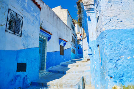 Street in Chefchaouen, Morocco, small town in northwest Morocco known for its blue buildingsの写真素材