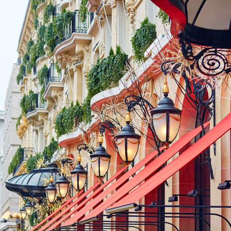 Parisian street decorated for Christmas holidaysの写真素材