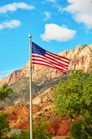 American flag in Zion national park, Utah, USAの写真素材