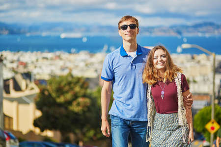 Romantic loving couple having a date in San Francisco, California, USAの写真素材