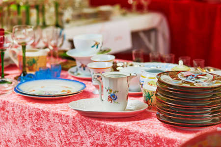 Antique plates and pitcher Parisian on flea marketの写真素材