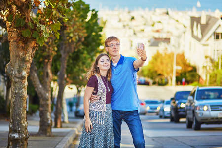 Romantic loving couple making selfie in San Francisco, California, USAの写真素材