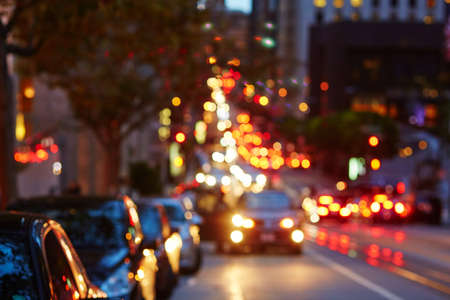 Blurred defocused car lights, heavy traffic in San Francisco, California, USAの写真素材