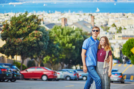 Romantic loving couple having a date in San Francisco, California, USAの写真素材
