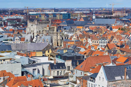 Aerial view on the center of Ghent with Gravensteen castle in Belgium, from the Belfry tower