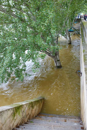 Flood in Paris, extremely high water on the river Seineの写真素材