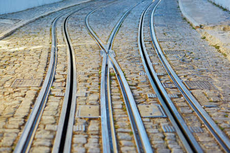 Closeup of tram rails in Lisbon, Portugalの写真素材