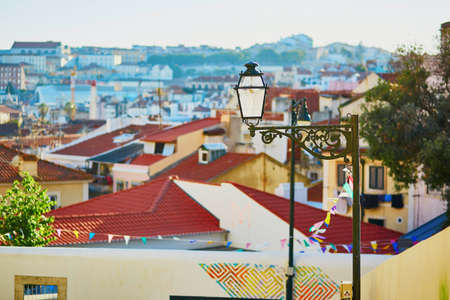 Aerial scenic view of central Lisbon, Portugal with red tile roofs and castelo de Sao Jorgeの写真素材