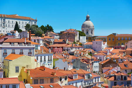 Aerial scenic view of central Lisbon, Portugal with red tile roofs and Church of Santa Engracia, the National Pantheonの写真素材