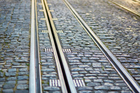Closeup of tram rails in Lisbon, Portugalの写真素材