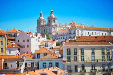 Aerial scenic view of central Lisbon, Portugal with red tile roofs and church igreja Sao Vicente de Foraの写真素材