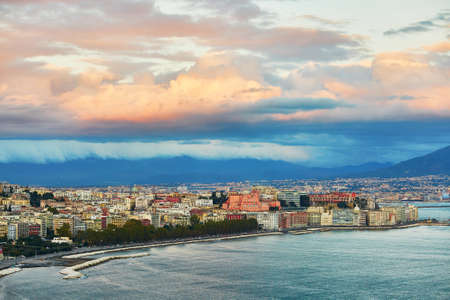 Aerial scenic view of Naples with Vesuvius volcano at sunset. Campania, Southern Italyの写真素材