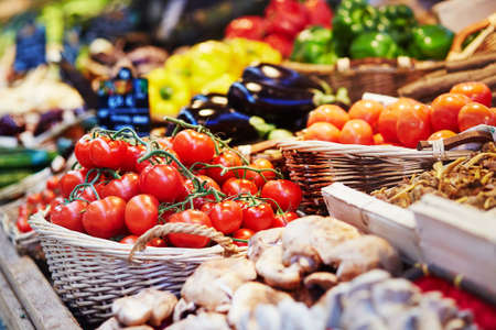 Fresh healthy bio fruits and vegetables on farmer agricultural market in Franceの写真素材