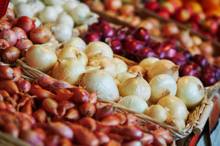 Fresh organic onion on farmers market in Paris, Franceの写真素材