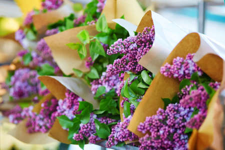 Bunches of fresh lilac on flower market in Paris, Franceの写真素材