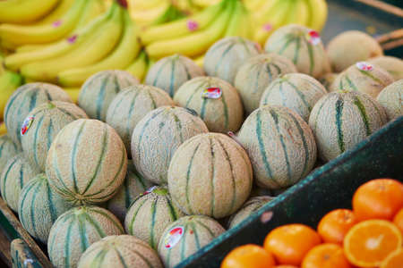 Large heap of fresh ripe organic melons on farmer market in Paris, Franceの写真素材