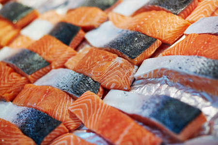 Delicious salmon on farmer market in Paris, Franceの写真素材