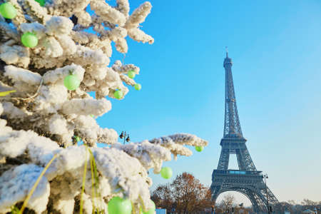 Decorated Christmas tree covered with snow near the Eiffel tower in Paris, Franceの写真素材