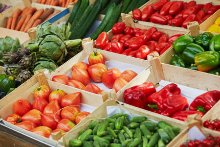 Variety of fresh organic vegetables on farmer market in Paris, Franceの写真素材