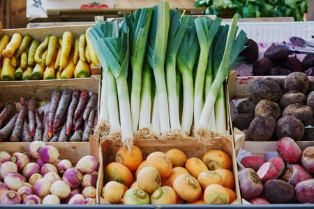 Variety of fresh organic vegetables on farmer market in Paris, Franceの写真素材