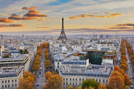 Aerial panoramic cityscape view of Paris, France with the Eiffel tower on a fall day