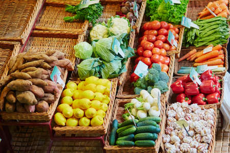 Many fresh and ripe exotic fruits on traditional farmer market Mercado dos Lavradores, Funchal, Madeira island, Portugalの写真素材