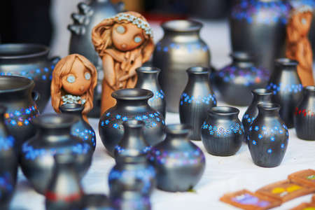 Handmade ceramic jugs sold on Easter fair in Vilnius, Lithuania. Traditional Lithuanian spring fair