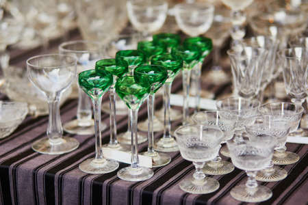 Crystal glasses on a flea market in Paris, Franceの写真素材