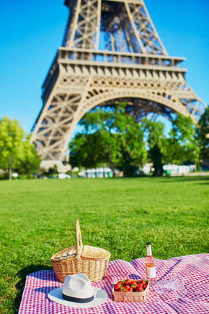 Picnic set with blanket, basket, wine and fruits near the Eiffel tower in Parisの写真素材
