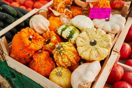 Fresh organic vegetables and fruits on farmer market. Typical European market of home grown produce
