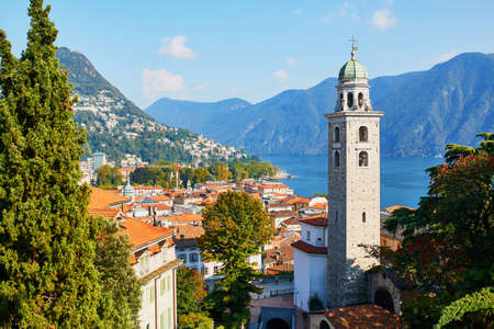 Scenic view to the old town of Lugano, canton of Ticino, Switzerlandの写真素材