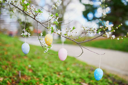 Apple tree branch in full bloom decorated with colorful Easter eggs