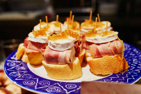 Variety of pinchos (pintxos) in a bar of San Sebastian (Donostia), Spainの写真素材