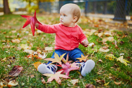 Adorable little girl sitting on the grass and playing with colorful autumn leaves on a fall day in parkの写真素材