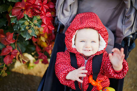 Adorable little girl in bright stylish clothes sitting in pushchair outdoors on a fall day. Autumn...