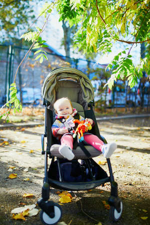 Adorable little girl in bright stylish clothes sitting in pushchair outdoors on a fall day. Autumn...