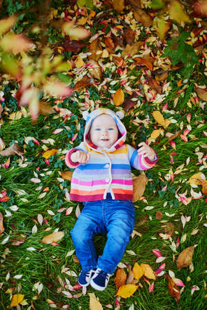 Adorable little girl in bright stylish clothes lying on the grass and playing with colorful autumn...
