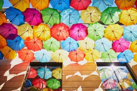 Beautiful street decoration of many colorful umbrellasの写真素材