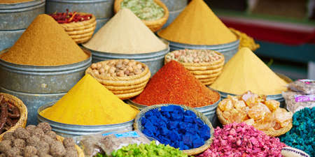Selection of spices on a traditional Moroccan market (souk) in Marrakech, Moroccoの写真素材