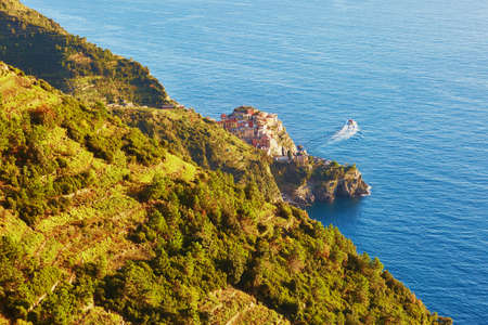 Aerial scenic view of Corniglia, one of five famous villages of Cinque Terre in Liguria, Italy