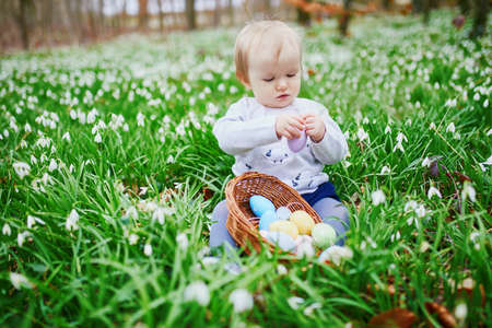 Cute little one year old girl playing egg hunt on Easter. Toddler sitting on the grass with many snowdrop flowers and gathering colorful eggs in basket. Little kid celebrating Easter outdoors in park or forestの写真素材