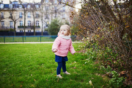 Adorable little toddler girl in Parisian park on a spring or fall day. Outdoor activities for kidsの写真素材
