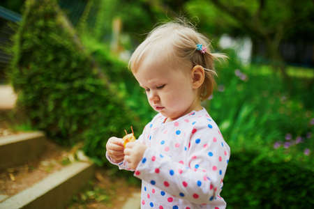 Adorable toddler girl walking in green park on a summer day. Little child having fun outdoors. Kid exploring natureの写真素材
