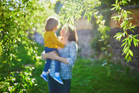 Happy young mother holding her adorable toddler daughter. Woman and child having fun together outdoors on a sunny day. People are blurred, focus on leavesの写真素材